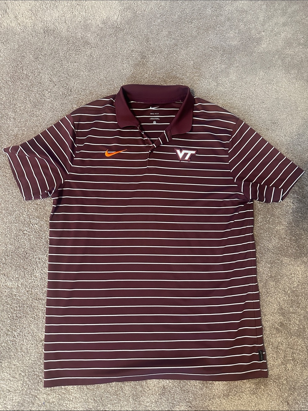 Nike Maroon Striped Polo with Orange Swoosh and White VT Logo